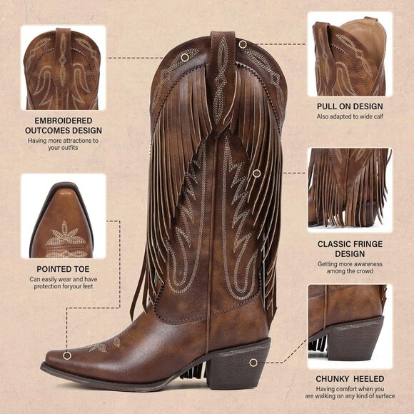 ⚡Women's Brown Fringe Knee High Cowgirl Western Boots With Classic Embroidery - Picture 6 of 6